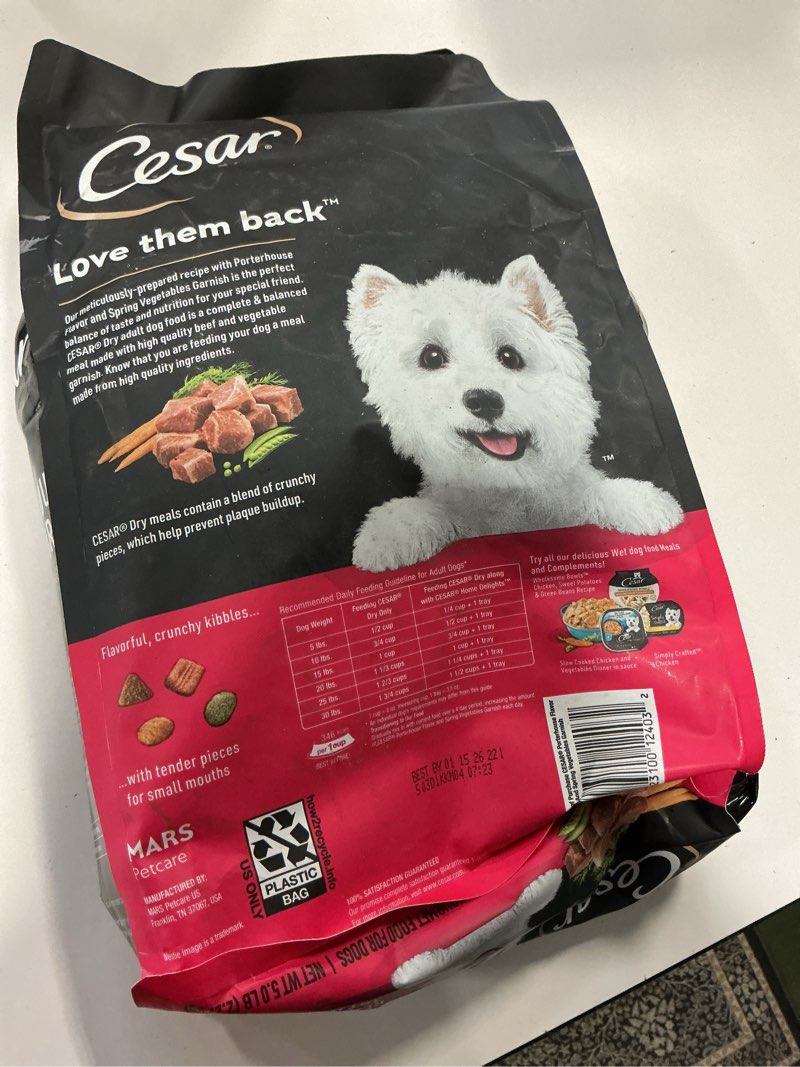 Condition photo showing New/Like New for (Best by 01/15/2026) CESAR Small Breed Dry Dog Food Porterhouse Flavor and Spring Vegetables Garnish, 5 lb. Bag