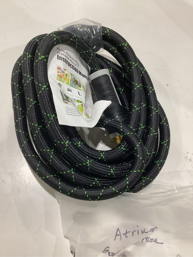 Condition photo showing As Is for lightweight garden hose,15ft non expandable water hose | heavy duty; 200 psi burst-resistant; leak-proof; ultra flexible; hose hanger, seal rings included; for outdoor garden use