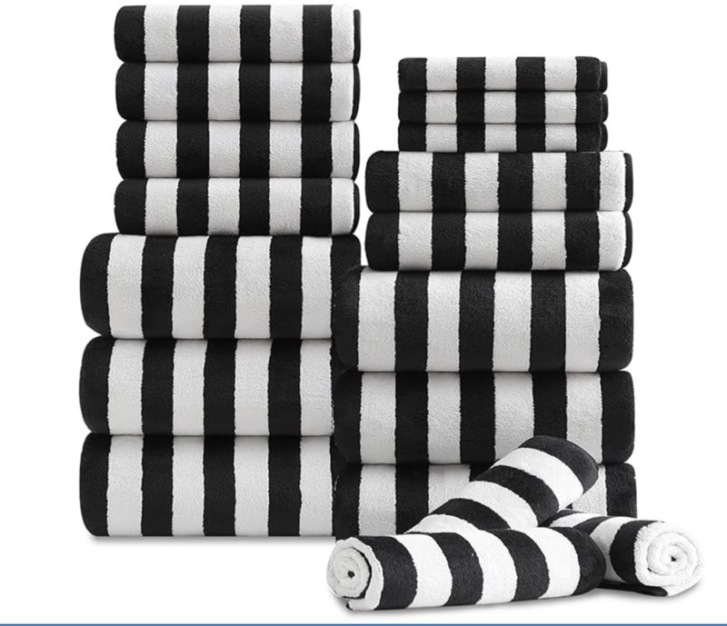 18 pcs black white stripe bath towel set with hanging loop-6 bath towels,6 hand towels,6 washcloths soft family towels set bathroom towel highly absorbent quick dry shower towel for beach spa gym