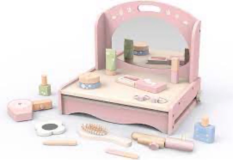 Wooden Vanity Set for Kids, Pretend Play Toddler Makeup Vanity Table Toys with 360° Rotatable Mirror