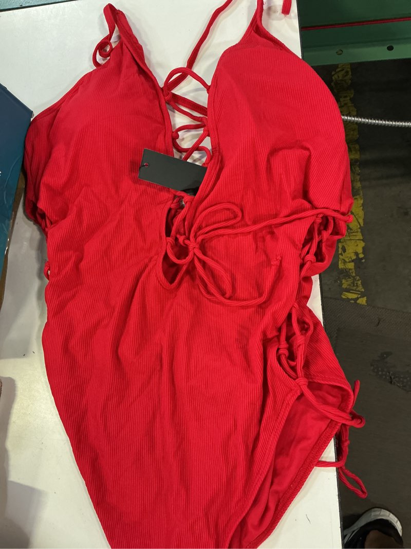 Condition photo showing Good Condition for tempt me women sexy lace up one piece swimsuit deep plunge v neck high cut bathing suits xx-large red