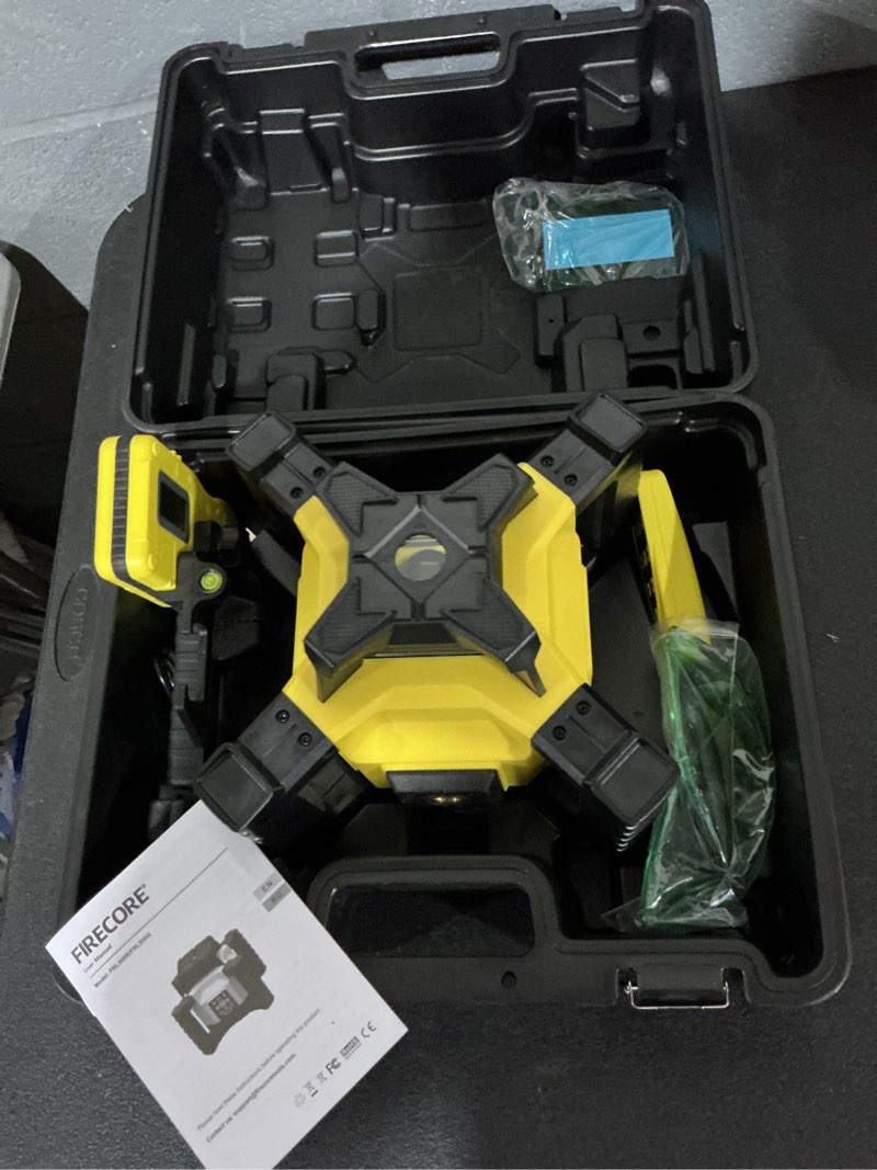 Condition photo showing As Is for firecore rotary laser level kit, 360 degree self-leveling horizontal rotary laser for construction, outdoor laser level with receiver, rechargeable battery, rod clamp & remote control included-