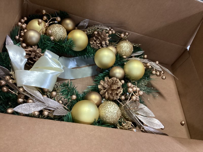 Condition photo showing As Is for 24 inch Christmas Door Wreath, Large Gold Wreaths for Front Door with Champagne Bow Golden Ball Glitter