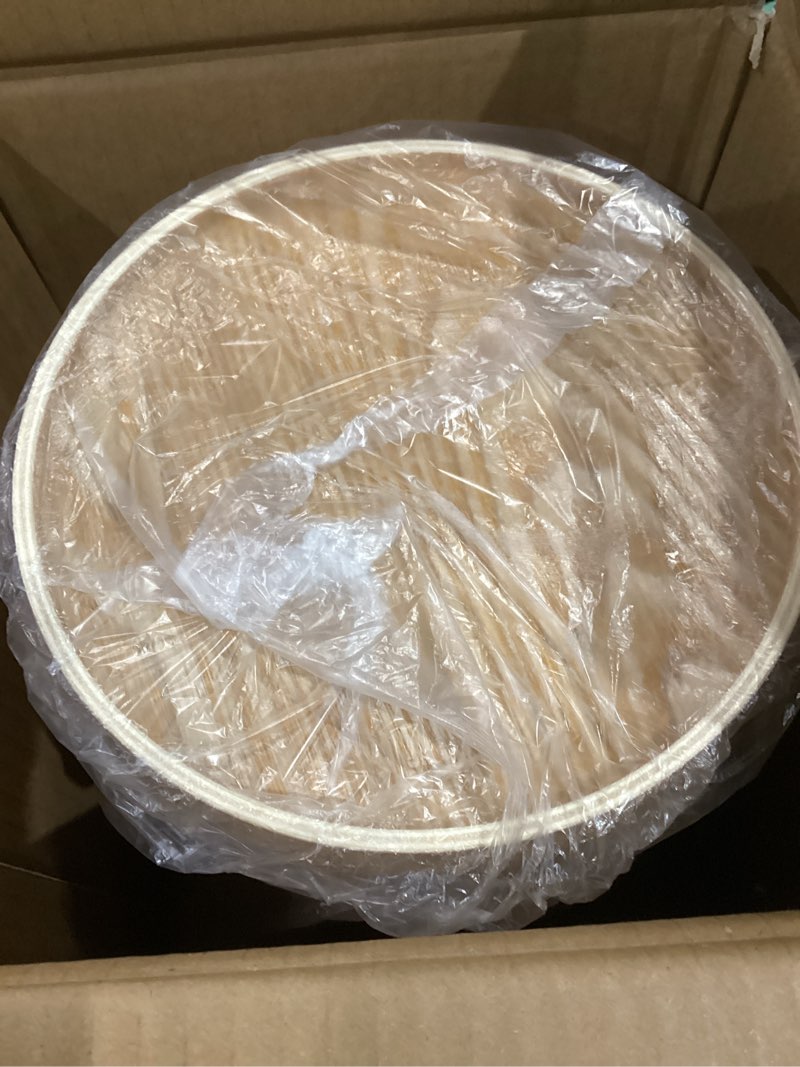 Condition photo showing Good Condition for kitchen wood trash can round with lid, japanese-style swing lid garbage bin for bathroom, home office, stylish natural wooden recycling receptacle conceals odors and trash
