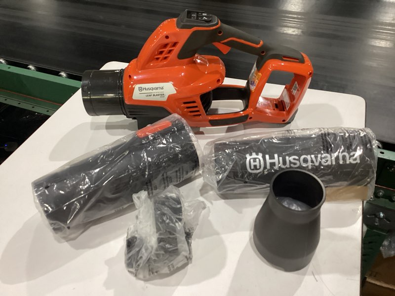 Condition photo showing As Is for **no battery or charger**  husqvarna leaf blaster 350ib battery powered cordless leaf blower, 200-mph 800-cfm blower with brushless motor and quiet operation, 40v lithium-ion 7.5 ah battery and charger included, 970569904 battery + charger battery