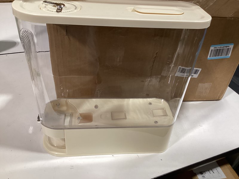 Condition photo showing New/Like New for rice bucket, 11 lb. multigrain can, visually sealed moisture-proof rice storage container with measuring cup, large bore food grade grain dispenser, bpa free rice dispenser milky white - 11 lb