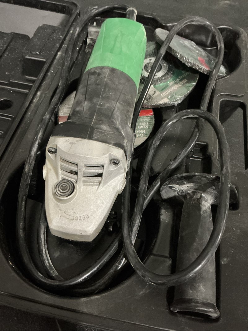 Condition photo showing As Is for metabo hpt 4.5-in 6.2-amp sliding switch angle grinder