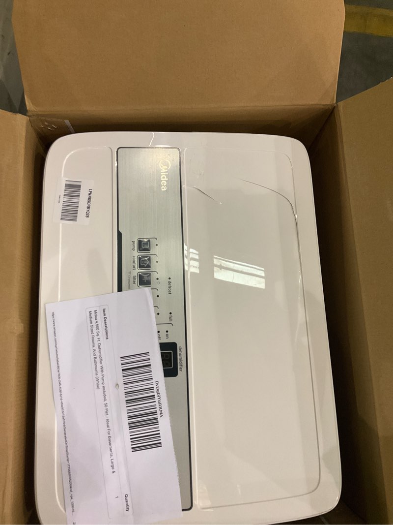 Condition photo showing As Is for Midea 4,500 Sq. Ft. Dehumidifier With Pump Included, 50 Pint - Ideal For Basements, Large & Medium Sized Rooms, And Bathrooms (White) 4,500 Sq. Ft. with Pump - WiFi