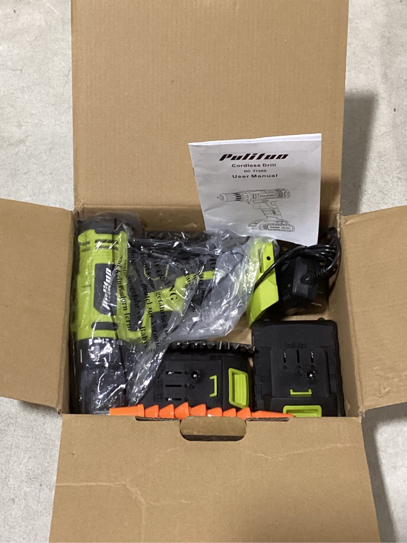 Condition photo showing As Is for pulituo's 20v cordless drill/driver, electric screwdriver - 2 batteries, 30nm, 21+1 torque, 2 speed, keyless 3/8" chase drill with led light, kit for home (green) 20v drill (green)- double