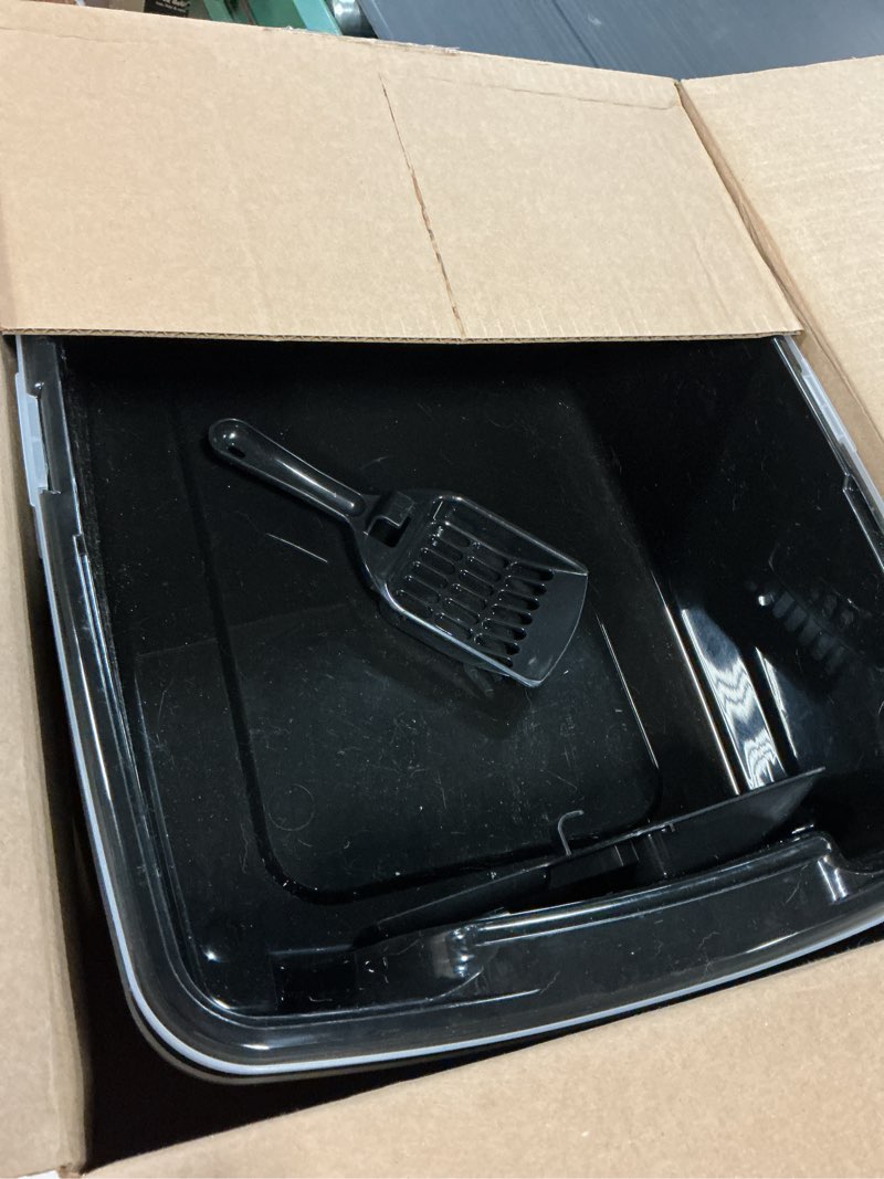 Condition photo showing As Is for iris usa 2 pack large open top cat litter box with high sides, scatter shield & scoop, black, for indoor cats, kittens or multicat homes
