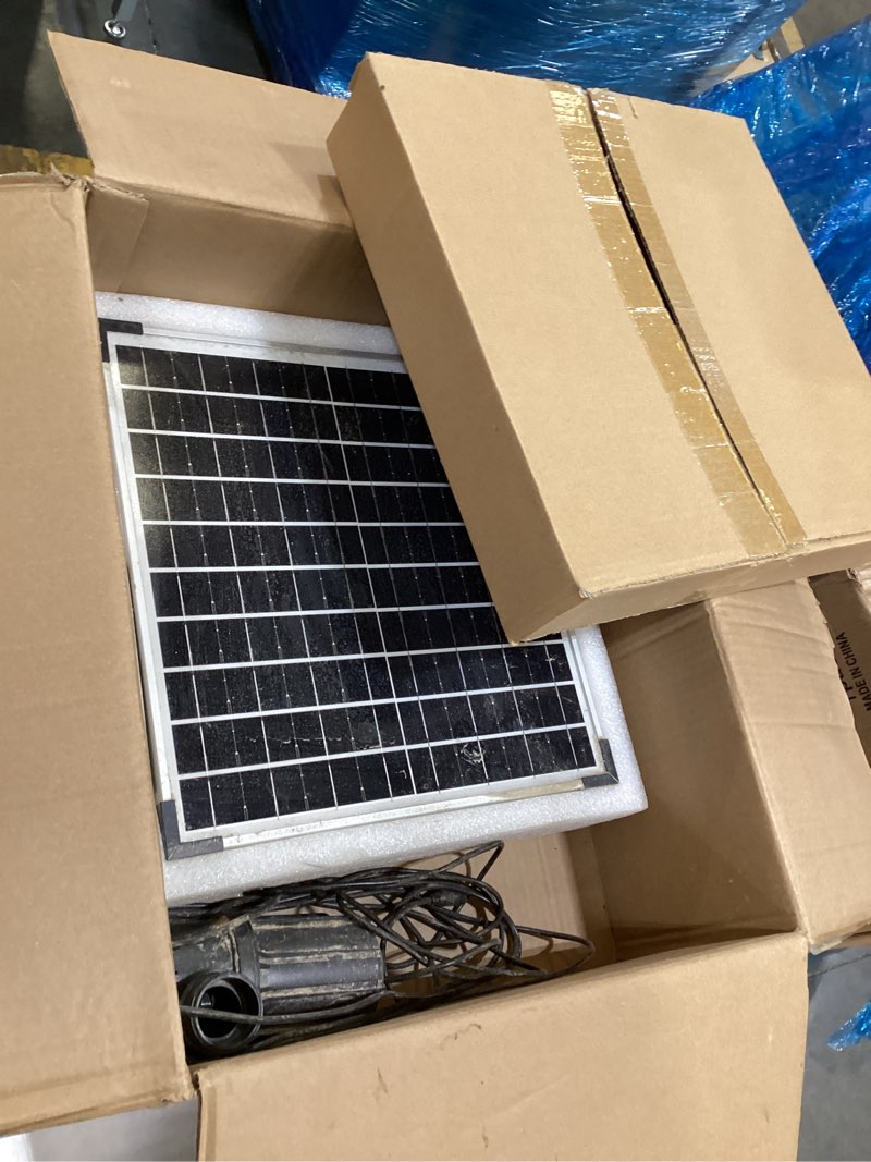 Condition photo showing As Is for antfraer 100w solar pond pump, 1200gph solar powered water fountain pump with 3 spray nozzles, solar waterfall pump & solar pond aerator for medium-large koi pond outdoor garden water feature