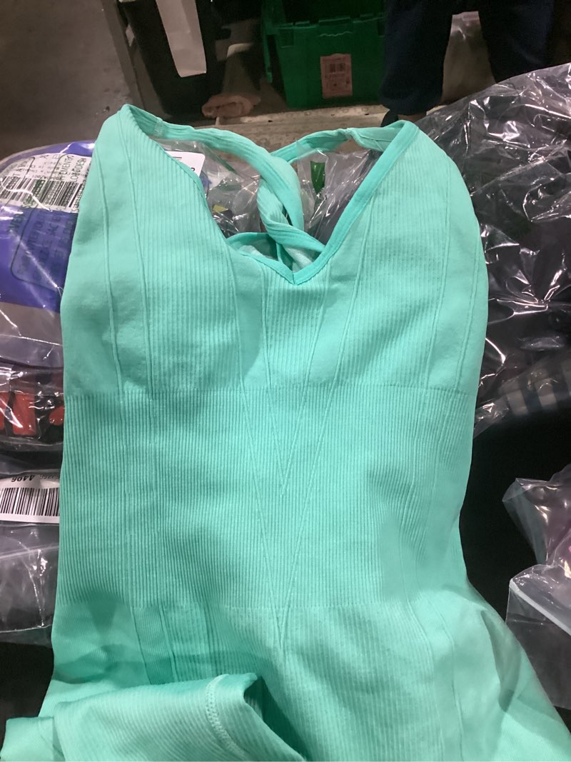 Condition photo showing Good Condition for (small) wdirara women's workout jumpsuit v neck sleeveless criss cross backless yoga jumpsuit pants romper small mint green