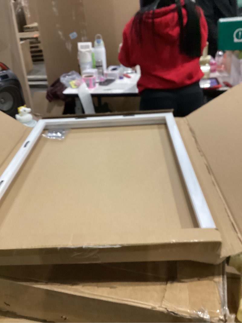 Condition photo showing As Is for Abtgt 18x24 Canvas Floating Frame with 0.9" Deep, White Floater Frame for Canvas Paintings with Adhesive, Vertical or Horizontal Wall Art frame for Prints Oil Painting Diamond Decor, 1 Pack. White 18x24