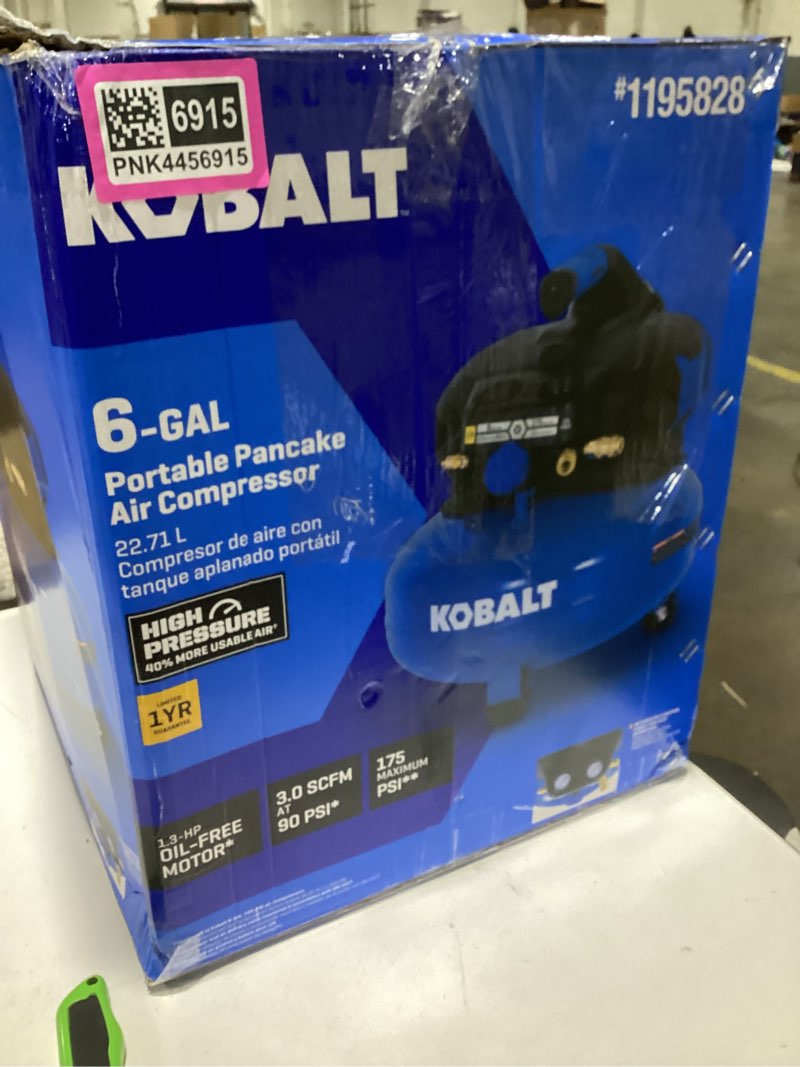 Condition photo showing As Is for Kobalt 6-Gallon Portable Electric 175 PSI Pancake Air Compressor