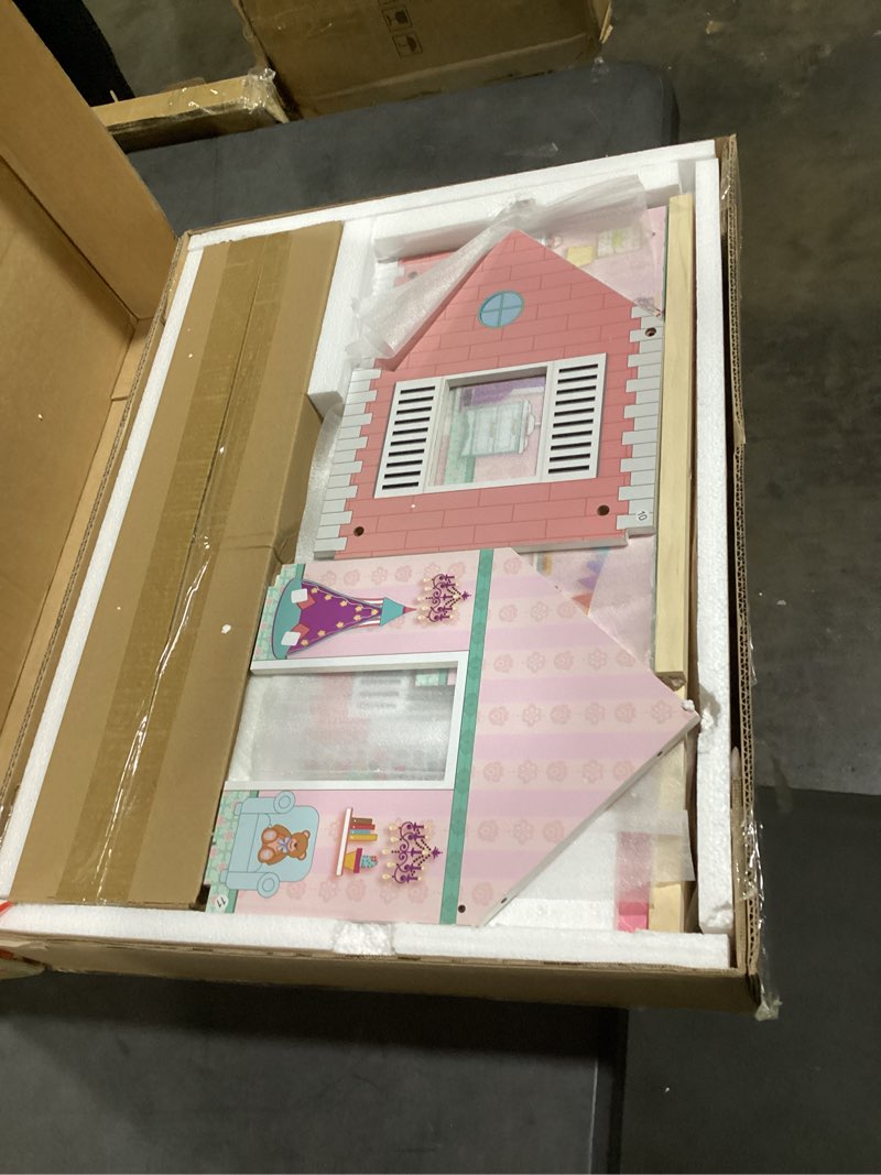 Condition photo showing New/Like New for robud wooden dollhouse, doll house playset with 24-pcs exquisite accessories, working elevator, gift for ages 3+ pink