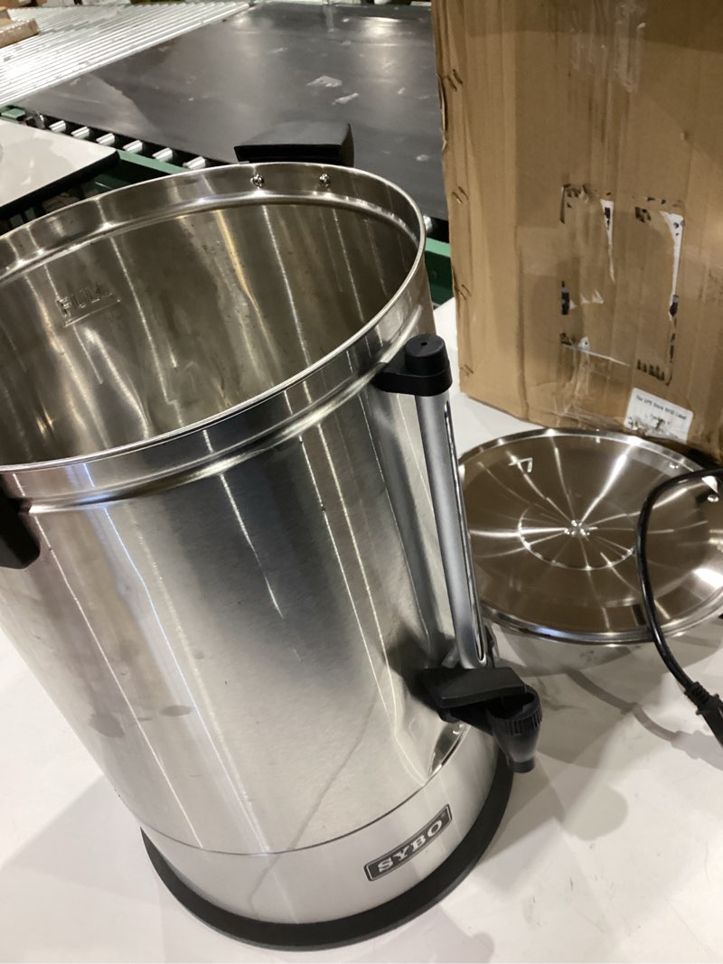 Condition photo showing As Is for sybo sr-cp-100b commercial grade stainless steel percolate coffee maker hot water urn for catering, 100-cup 16 l, metallic 16l metallic