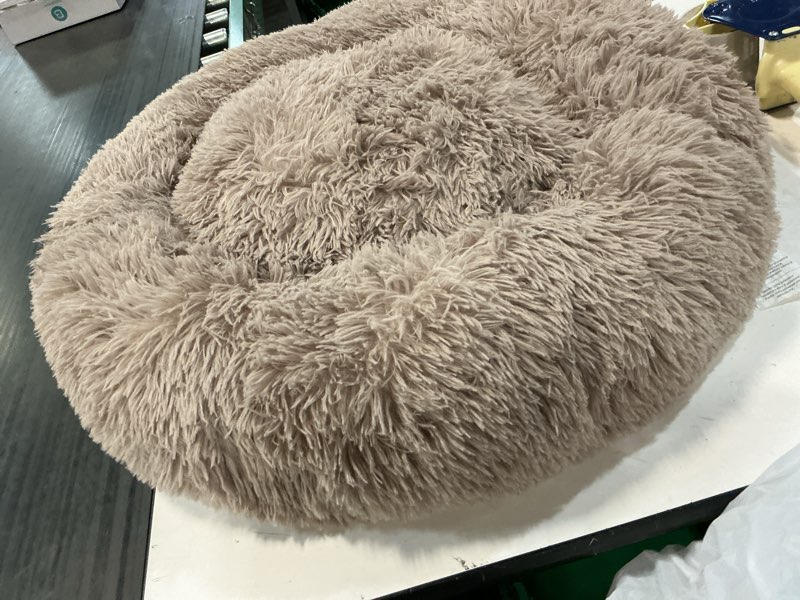 Condition photo showing As Is for western home wh calming dog & cat bed, anti-anxiety donut cuddler warming cozy soft round bed, fluffy faux fur plush cushion bed for small medium dogs and cats (20"/24"/27"/30") 30.0"l x 30.0"w x 8.0"th brown