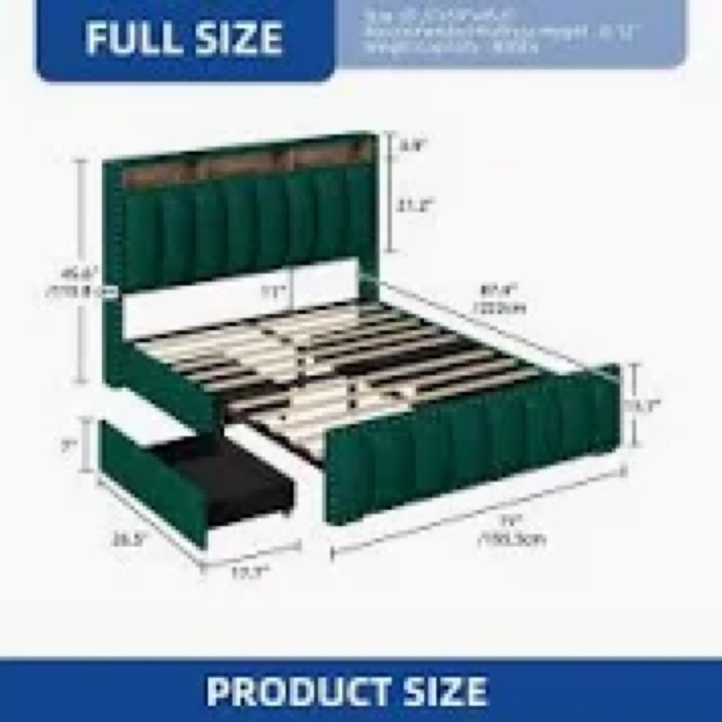 YITAHOME Queen Size Bed Frame with 4 Storage Drawers and RGB LED Lights, Velvet Upholstered Platform Bed with Charging Station and Storage Headboard, No Box Spring Needed, Easy Assembly, Beige 4 Drawers Queen green