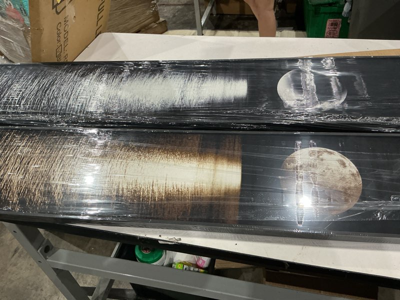 Condition photo showing Good Condition for framed long narrow vertical moon wall art set of 2, modern black white gold bright art prints paintings, night sea landscape pictures for living room entryway hallway dining room bedroom wall decor 8" w x 56" h moonlit reflection