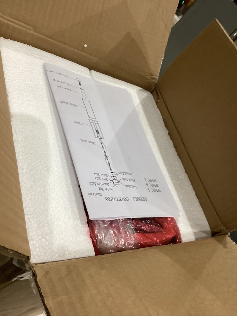 Condition photo showing As Is for Outdoor Pendant Light Fixture - Aluminum Exterior Hanging Lantern, Outdoor Hanging Light with Black Adjustable Chain Outdoor Pendant Lights for Porch Patio (Max 50''H, 1 pc)