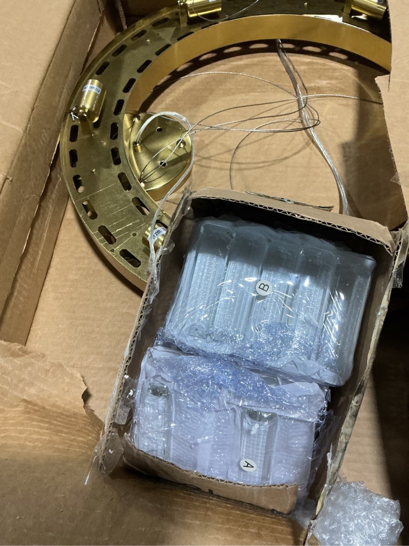 Condition photo showing Good Condition for (Similar to) Modern Crystal Chandelier Gold, 21.6\" Round Chandeliers for Dining Room K9 Ceiling Pendant Light Fixtures Golden Flush Mount Chandelier for Foyer Living Room Staircase Dining Room Gold 600