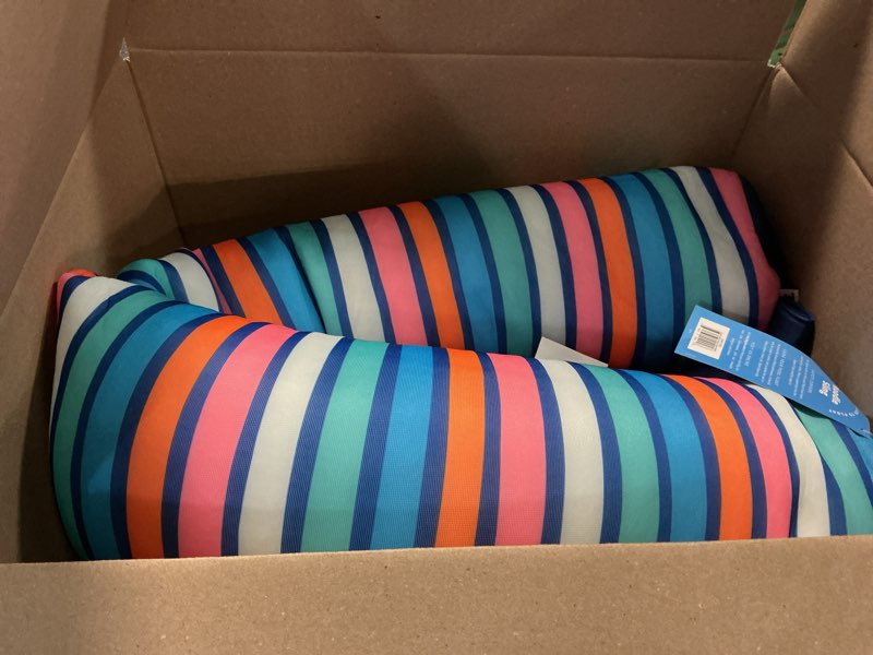 Condition photo showing New/Like New for big joe premium noodle sling pool float chair with cup holder, no inflation needed, lightweight adult floating seat, quick-dry mesh, blue multi stripe, american brand