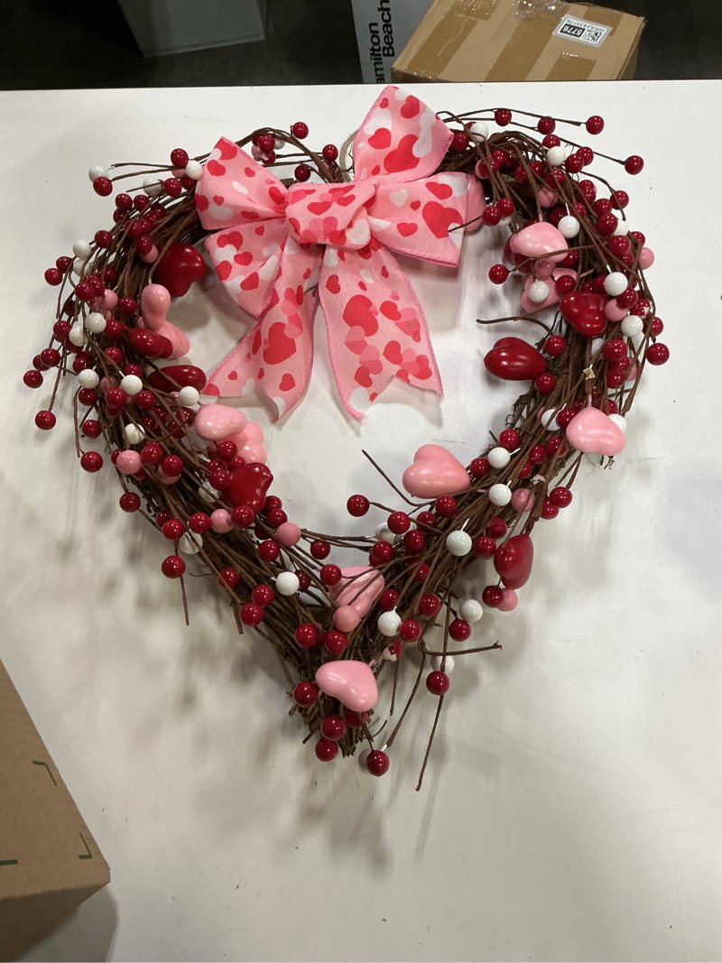 Condition photo showing As Is for CRCZK Valentines Day Wreath for front door Valentines Day Decorations-16Inch Red Pink Heart Wreath with Artificial Hearts & Berries Valentine's Day Bow Wreaths for Indoor/Outdoor Valentine's Day Decor
