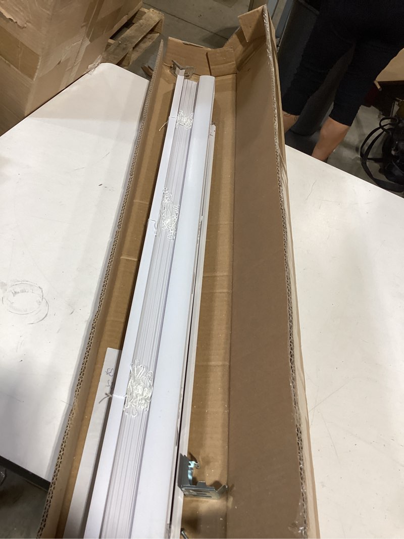 Condition photo showing As Is for chicology cordless mini blinds for indoor windows, 34" w x 60" h, white vinyl 1" slats with tilt wand, light filtering to room darkening, moisture-resistant, child-safe, screw-mount installation 34"w x 60"h white (commercial grade)