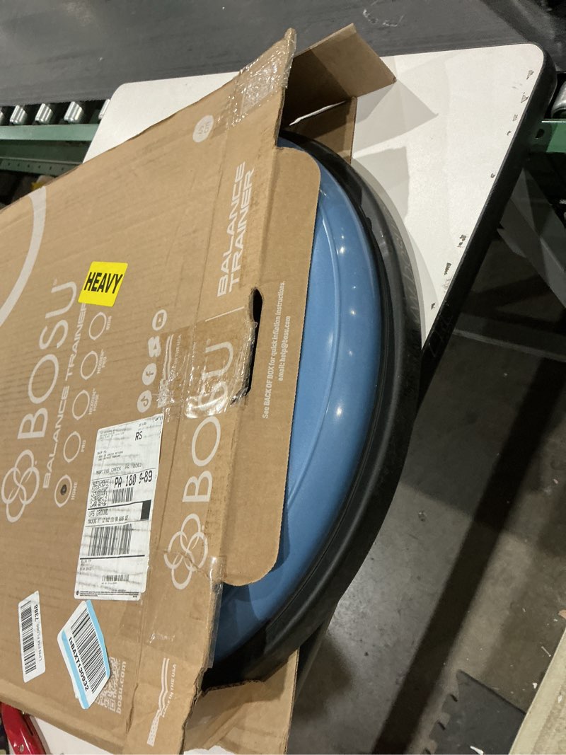 Condition photo showing Good Condition for bosu balance ball exercise trainer, home gym equipment w/ guided workouts & pump, 26", blue - inflatable fitness platform for strength training, standing, balancing, and core workout light blue/black