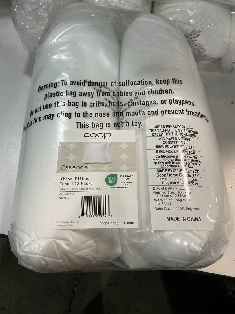 Condition photo showing New/Like New for coop home goods essence adjustable throw pillow inserts 18x18, set of 2, adjustable down alternative