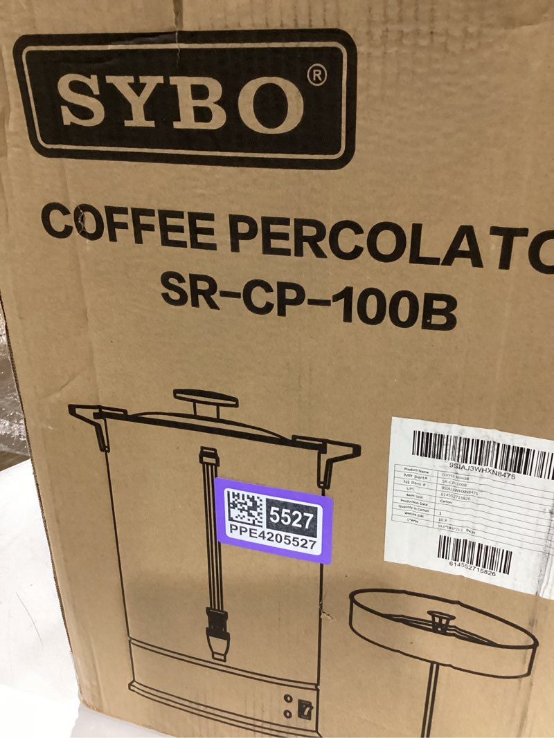 Condition photo showing As Is for sybo sr-cp-100b commercial grade stainless steel percolate coffee maker hot water urn for catering, 100-cup 16 l, metallic 16l metallic