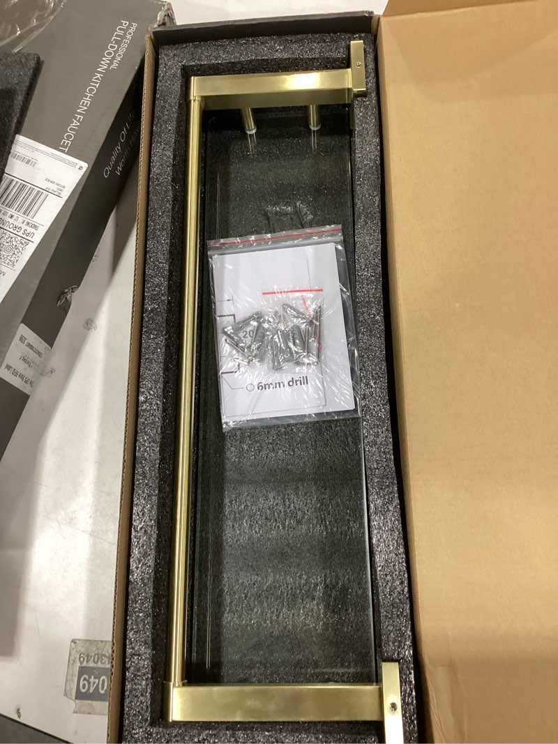 Condition photo showing New/Like New for Glass Shelf for Bathroom, 20 Inch Tempered Glass with Brushed Gold Stainless Steel Railing, Floating Glass Shelves Sink Over Toilet Modern Bathroom Brushed Gold 20'' with Railing
