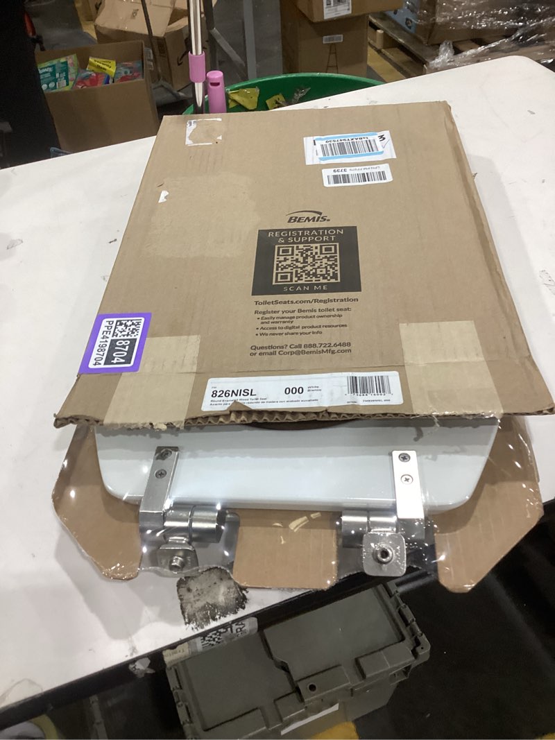 Condition photo showing New/Like New for mayfair bennett toilet seat with brushed nickel hinges, slow close wood seat, secure metal hinges, easy install, made in usa, round, white round brushed nickel