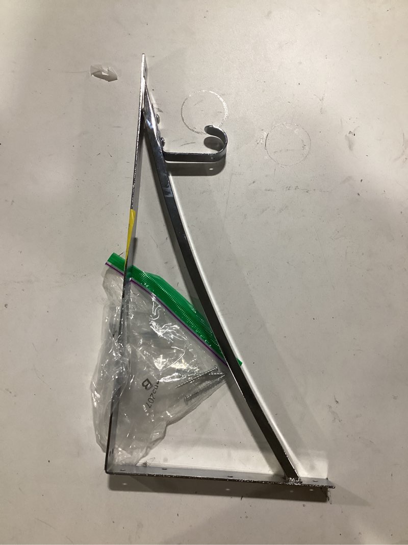 Condition photo showing As Is for allen + roth metal shelf bracket with optional rod hook Features a nickel finish Compatible with 16-in-D allen + roth wood ventilated and solid shelving