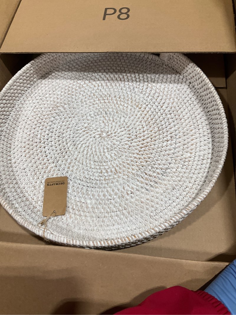 Condition photo showing Good Condition for coffee table tray round rattan ottoman tray woven serving trays with handles for home and kitchen decorative whitewash (large 16.9 inch) 16.9" whitewash