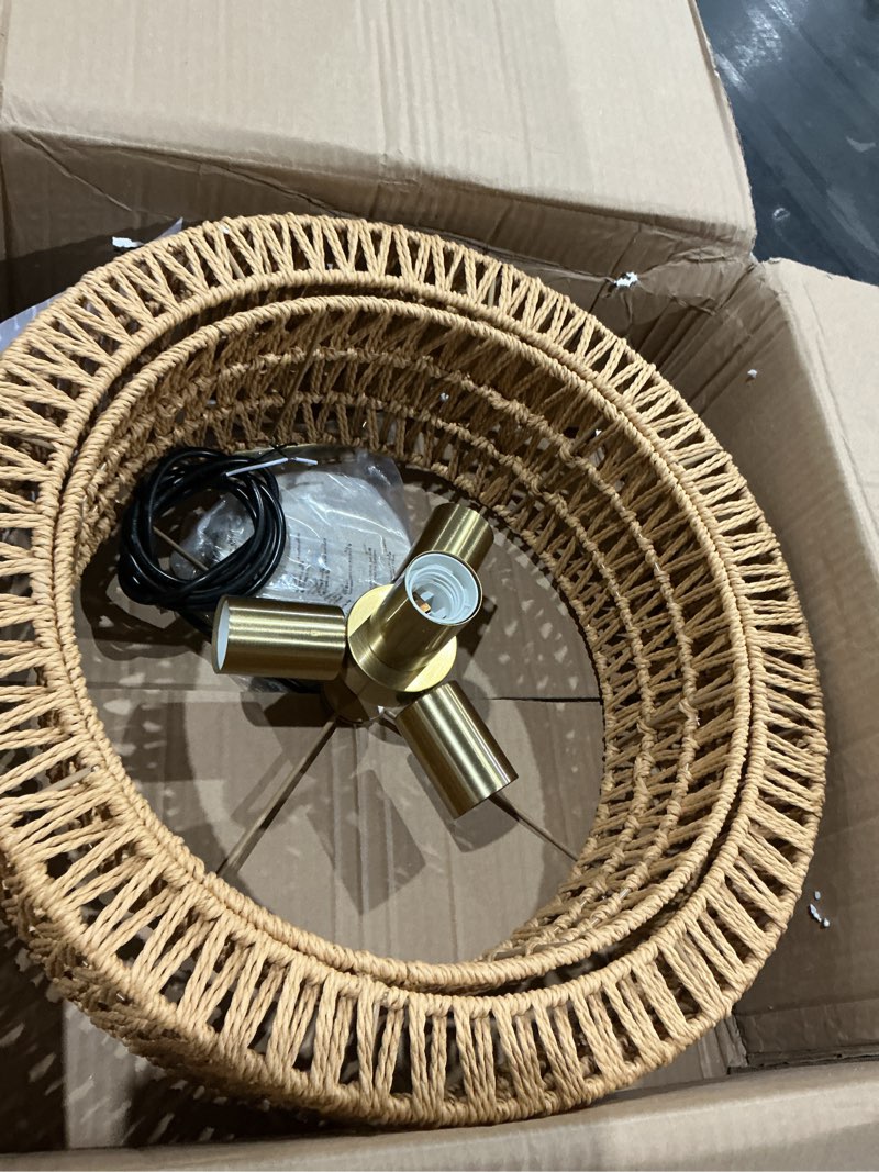 Condition photo showing As Is for lamqee 22 inch farmhouse style rattan chandelier, 5 light boho chandelier with handwoven wicker shade, large rattan pendant lights, ceiling hanging lighting for