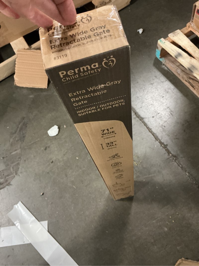 Condition photo showing New/Like New for 71 in. w x 33 in. h indoor/outdoor retractable baby gate grey