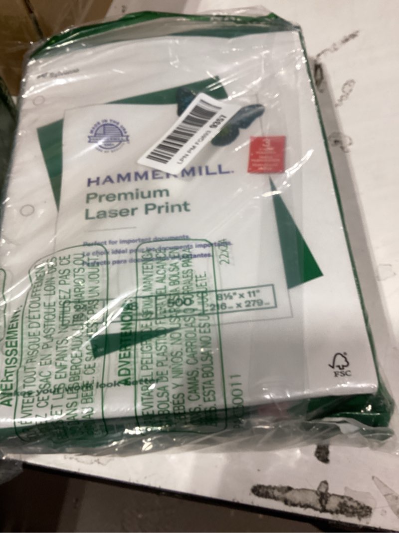 Condition photo showing New/Like New for hammermill paper, premium laser print paper 8.5 x 11 paper, letter size, 3 hole, 24lb paper, 98 bright, 1 ream / 500 sheets (107681r) 1 ream | 500 sheets 3 hole (8.5x11)