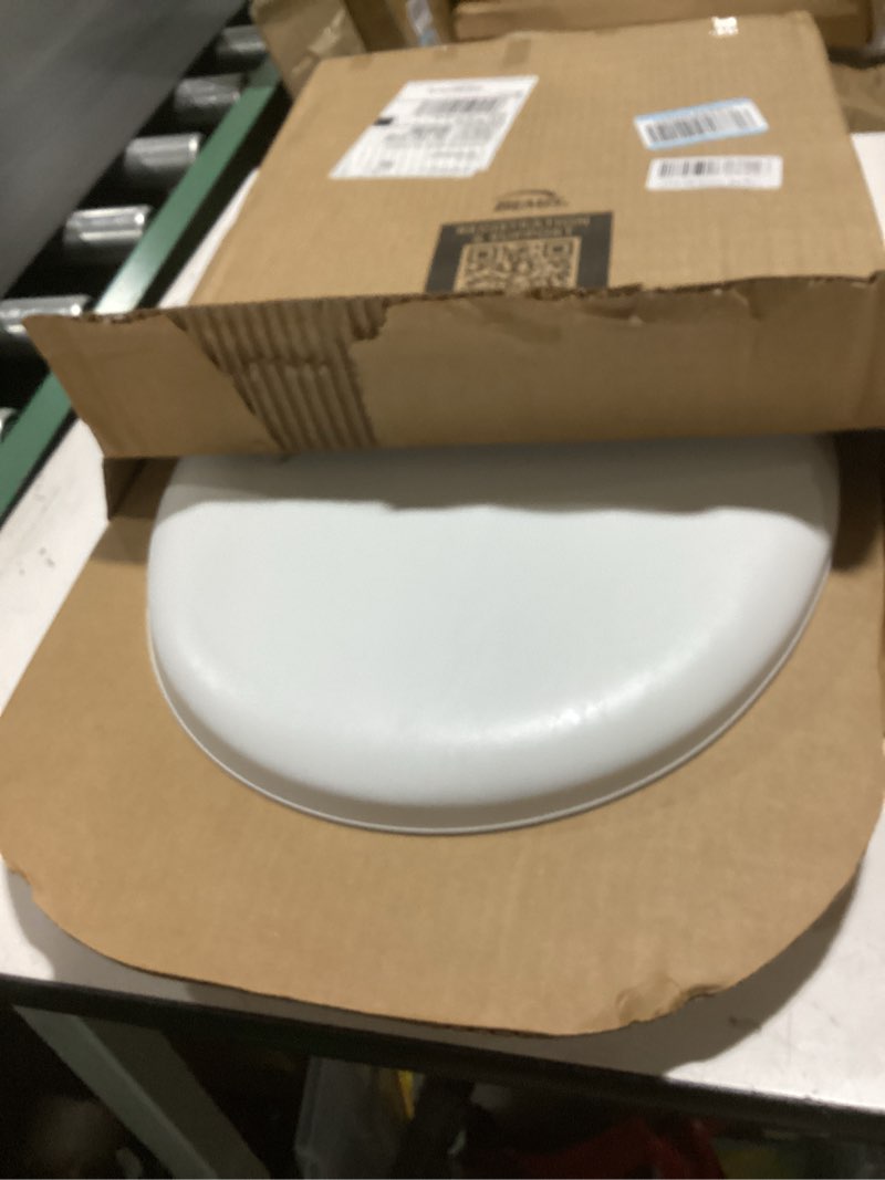Condition photo showing New/Like New for mayfair padded toilet seat with chrome hinges, soft vinyl over wood core seat, made in usa, elongated, white