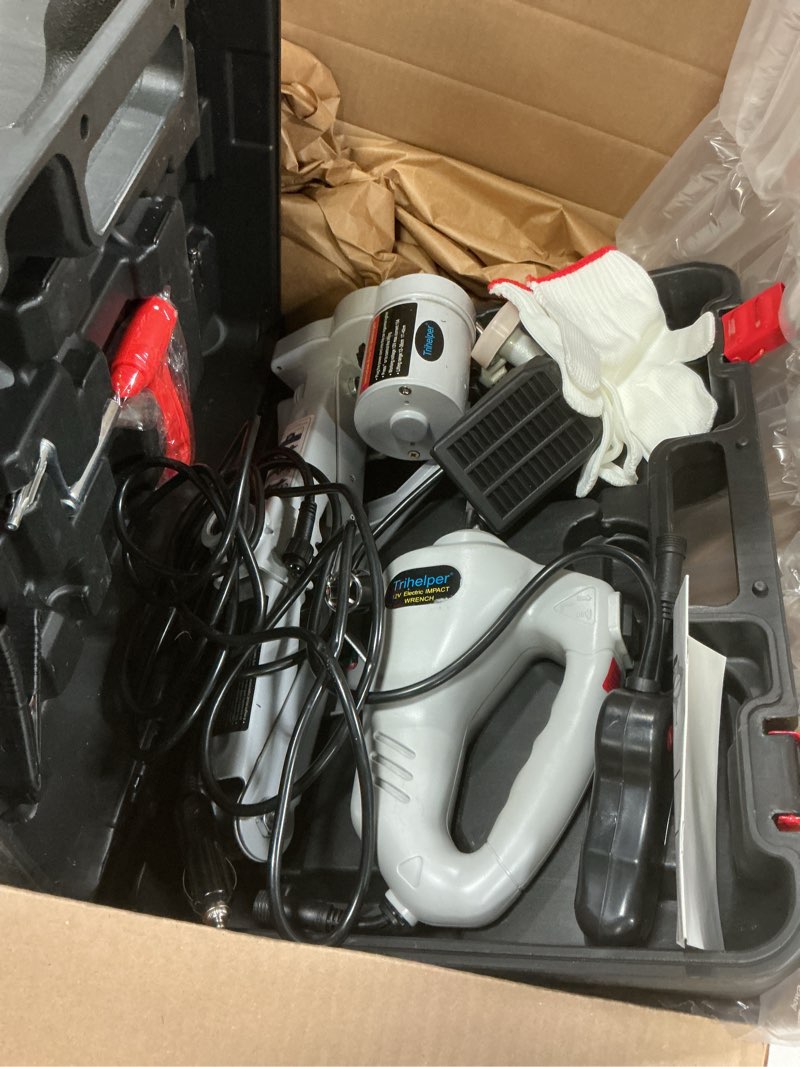 Condition photo showing Good Condition for electric car jack kit 12v trailer floor jack stands set 3 ton vehicle scissor car lift for tire change and road emergency with impact wrench jack+wrench grey