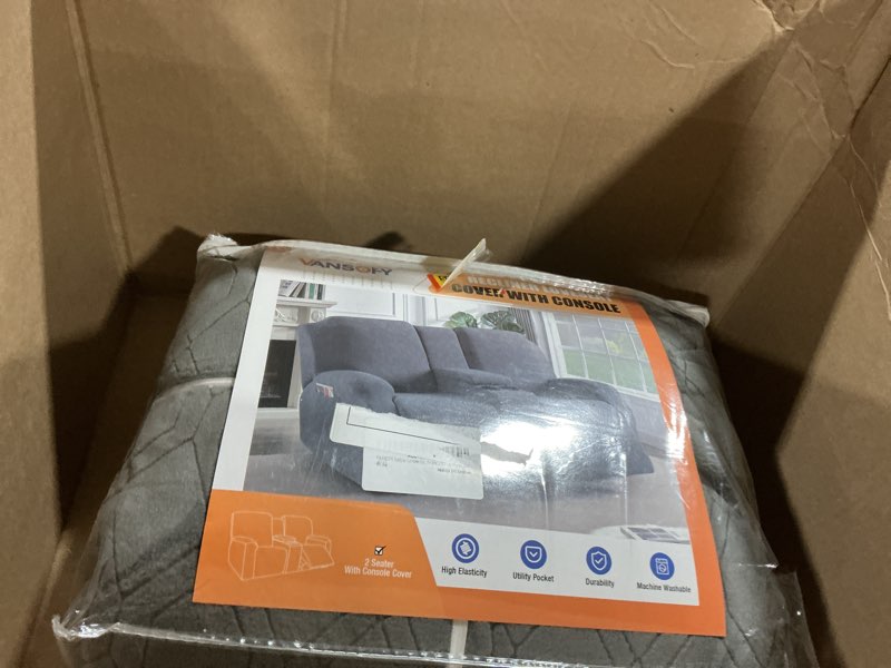 Condition photo showing Good Condition for VANSOFY Recliner Loveseat Cover with Middle Console Stretch Reclining Sofa Slipcover for 2 Seat Jacquard Reclining Couch Sofa Covers Furniture Protector with Elastic Straps Bottom (Dark Gray) Dark Gray 2 Seater+Console