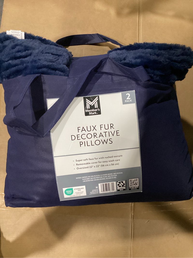 Condition photo showing New/Like New for member's mark 2-pack ruched faux fur decorative pillows, 22" x 22" navy