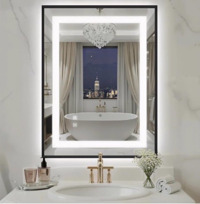 24x32 inch led bathroom mirror with lights, black frame frontlit+ backlit bathroom vanity mirror for wall, ultra-clear tempered glass, shatter-proof, anti-fog and memory function, etl listed