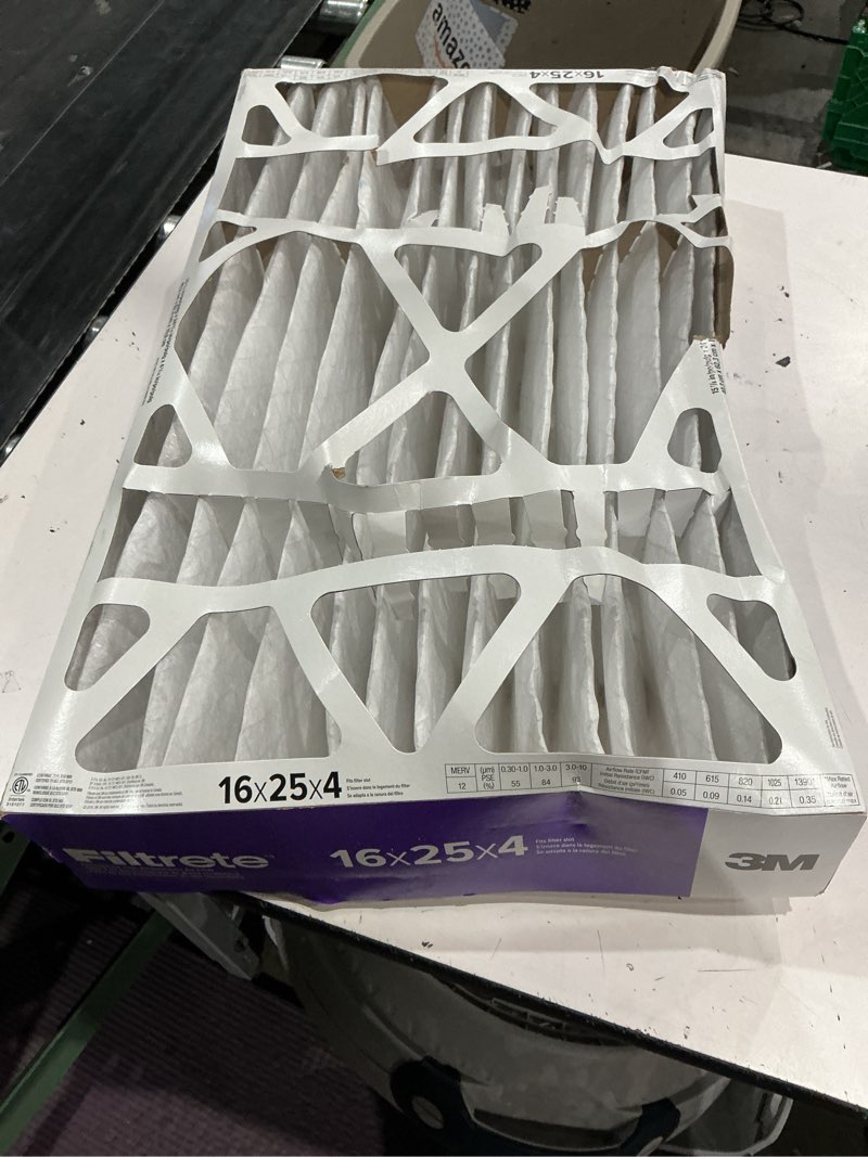 Condition photo showing As Is for filtrete 16 x 25 x 4 merv 12 1550 mpr allergen, bacteria and virus electrostatic pleated air filter