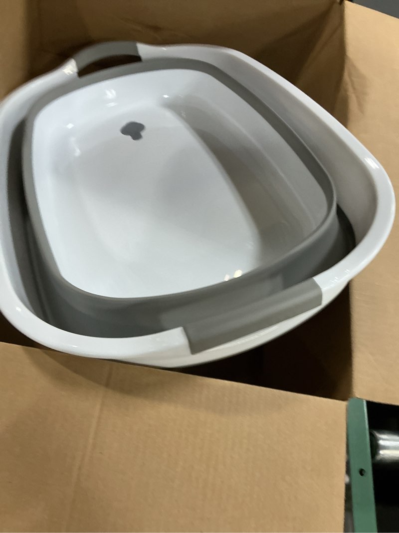 Condition photo showing As Is for collapsible dog bath tub for small dogs & cats, portable puppy bath tub with water drain plug, space saving foldable pet bathtub for indoor & outdoor use, grey