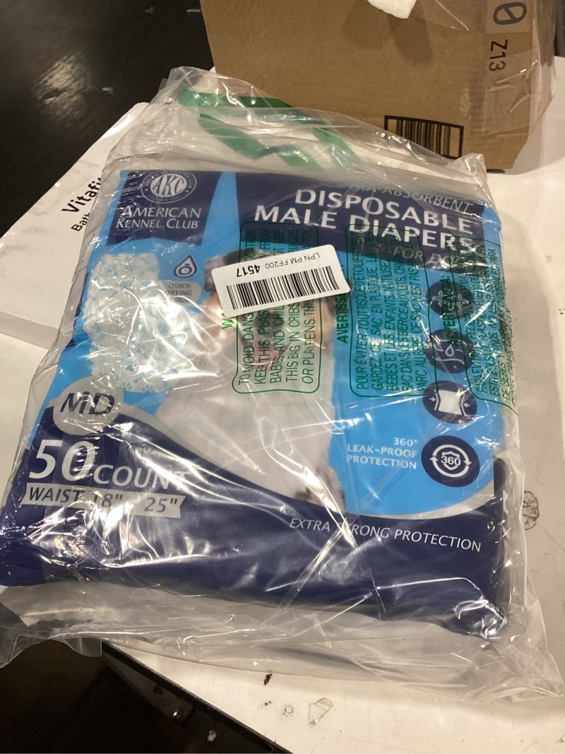 Condition photo showing New/Like New for american kennel club male dog wrap, disposable diapers with wetness indicator, medium, 50 count medium waist 18 - 25 in 50