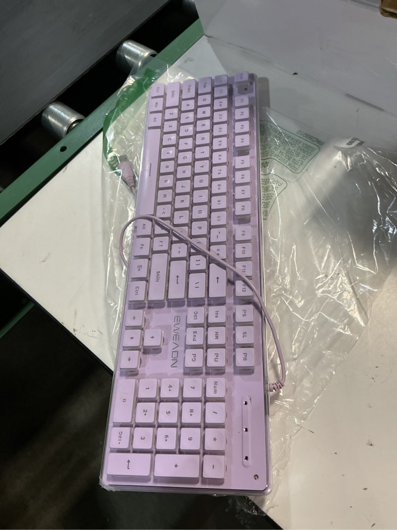 Condition photo showing As Is for eweadn gx710s backlit computer keyboards, wired usb keyboard with white backlit, metal panel, plug and play, pudding keycaps full size quite computer keyboard for win/pc/laptop-purple