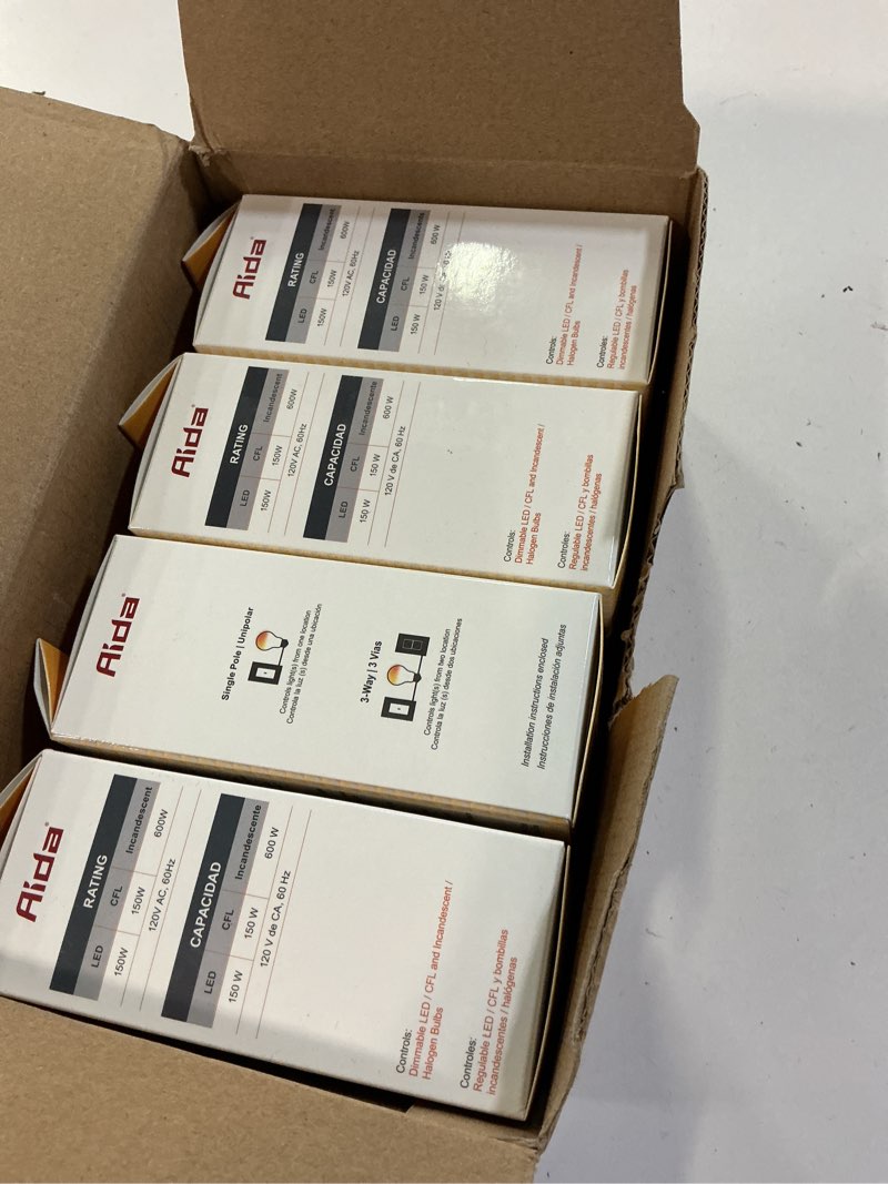 Condition photo showing New/Like New for aida digital light toggle dimmer switch for dimmable led, cfl & incandescent bulbs, single pole/3-way, screwless wall plate included, ul listed, no neutral wire, 4 pack rotary dimmer with wall plate white 4
