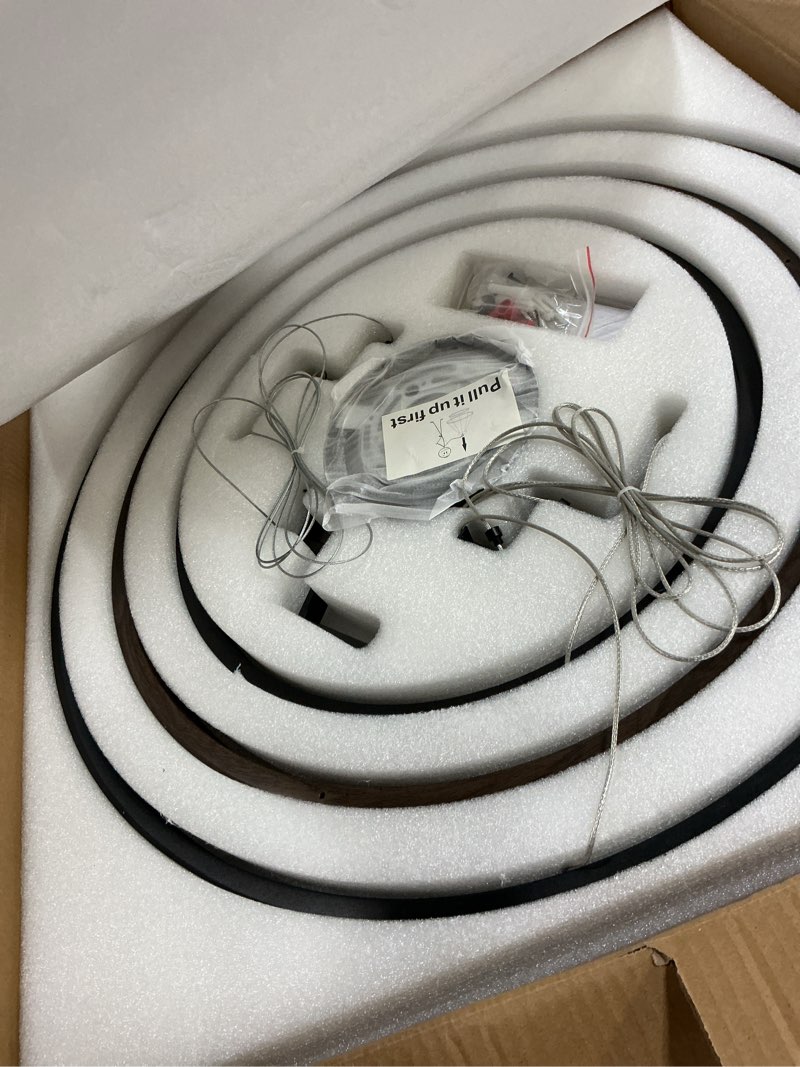 Condition photo showing Good Condition for benkut modern led chandelier black dimmable 3 ring pendant light for dining room, kitchen chandelier circular with remote control flush mount high ceiling light for living room, 3000k-6500k 3 rings 23.6 inches wood grain black