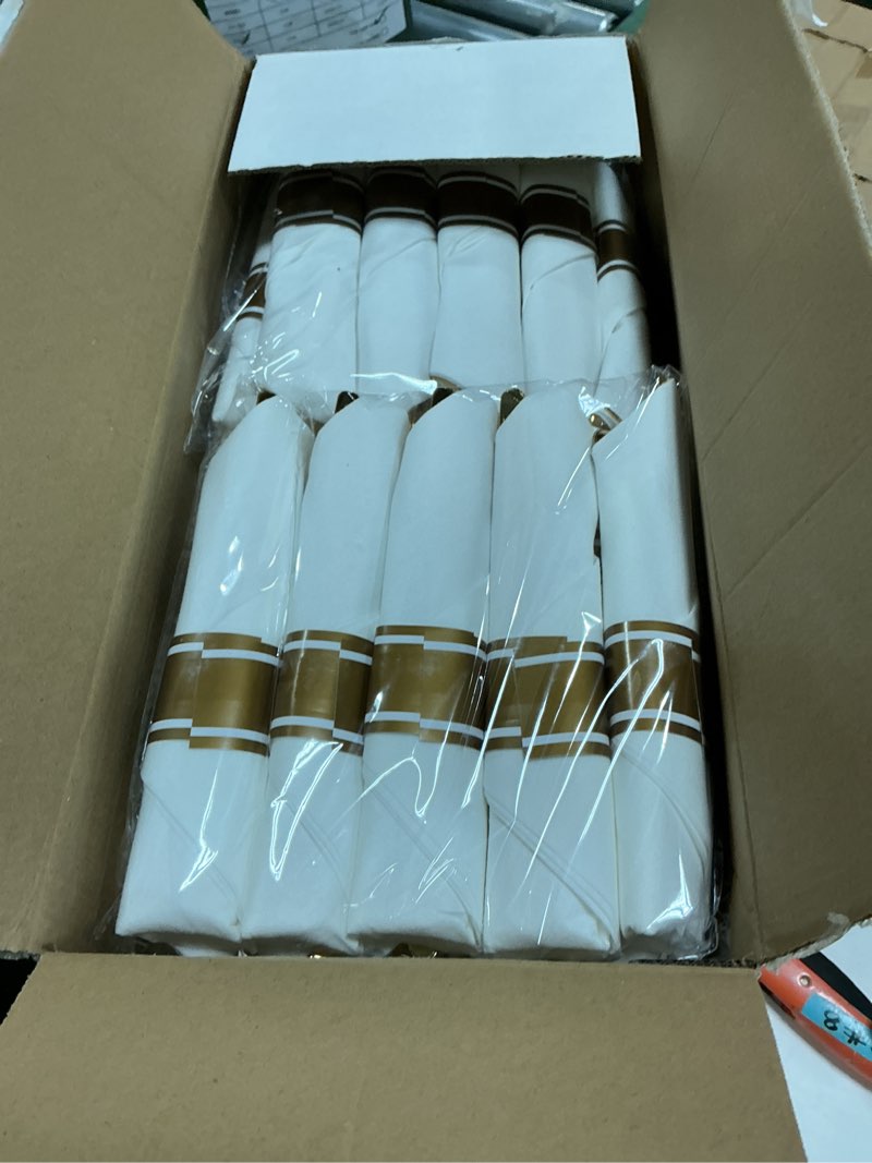 Condition photo showing Good Condition for wdf partyware 350piece gold dinnerware set for 50 guests - gold plastic plates with disposable cutlery - 50dinner plates-50dessert plates-50pre rolled napkins with silverware for wedding/birthday white and gold 350